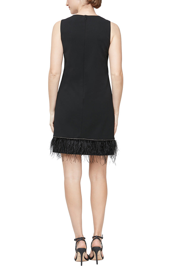 Alex Evenings Crew Neck Sleeveless Embellished Hem Solid Shift Stretch Crepe with Ostrich Feather