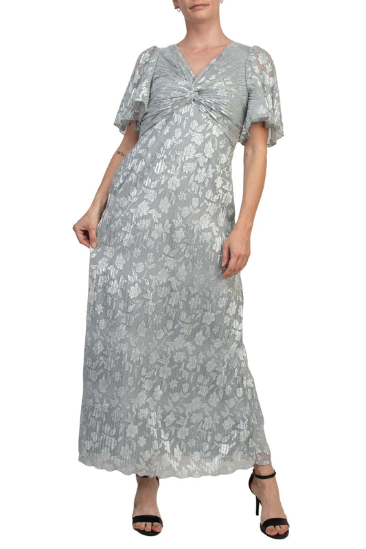 Marina V-Neckline Short Sleeves Pleated Silver Foil Gown