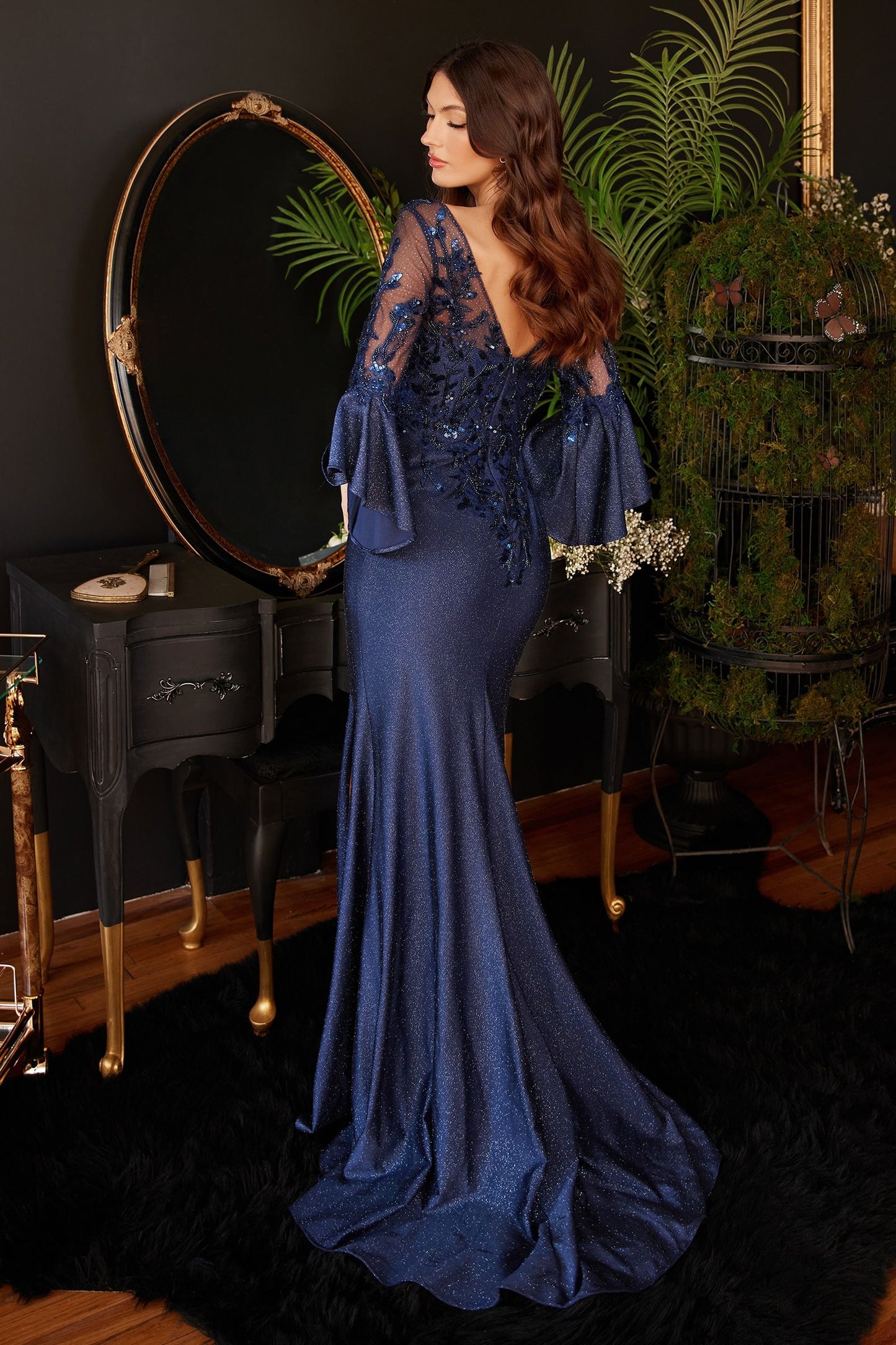 Long Bell Sleeve Lace & Satin Gown-2