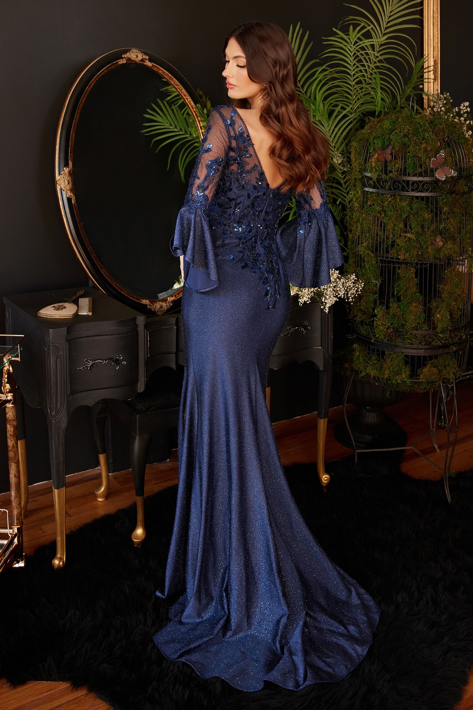 Long Bell Sleeve Lace & Satin Gown-2