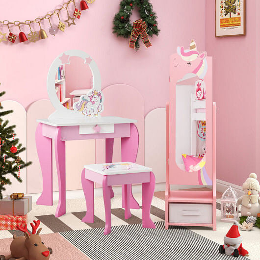 Kids Jewelry Armoire Cabinet with Storage and 2 Tilt Angles-Pink-0