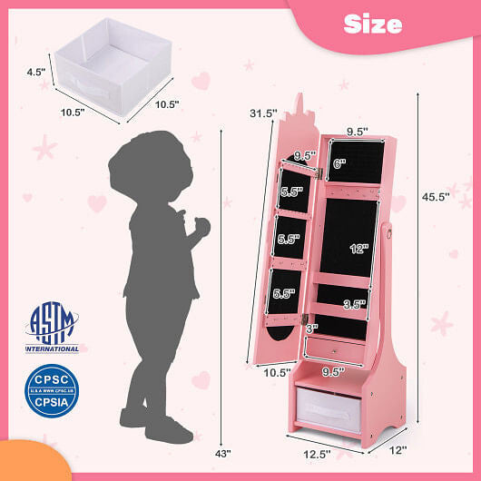 Kids Jewelry Armoire Cabinet with Storage and 2 Tilt Angles-Pink-3