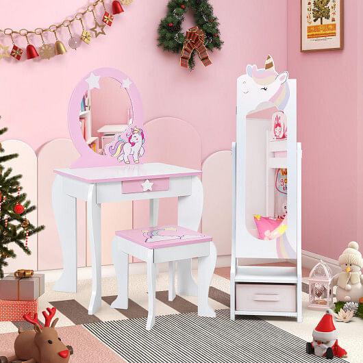 Kids Jewelry Armoire Cabinet with Storage and 2 Tilt Angles-Pink-5