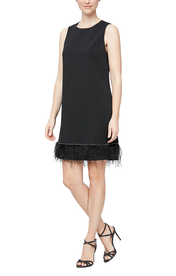 Alex Evenings Crew Neck Sleeveless Embellished Hem Solid Shift Stretch Crepe with Ostrich Feather